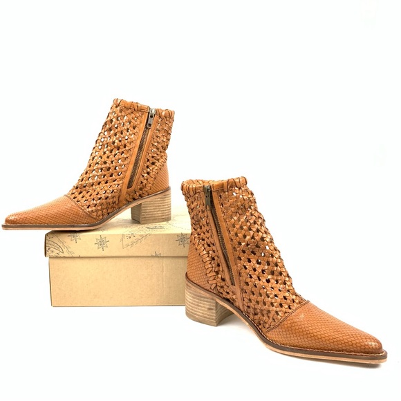 Free People In The Loop Woven Boots Tan Leather Boho Ankle Block Heel Festival - Picture 3 of 7
